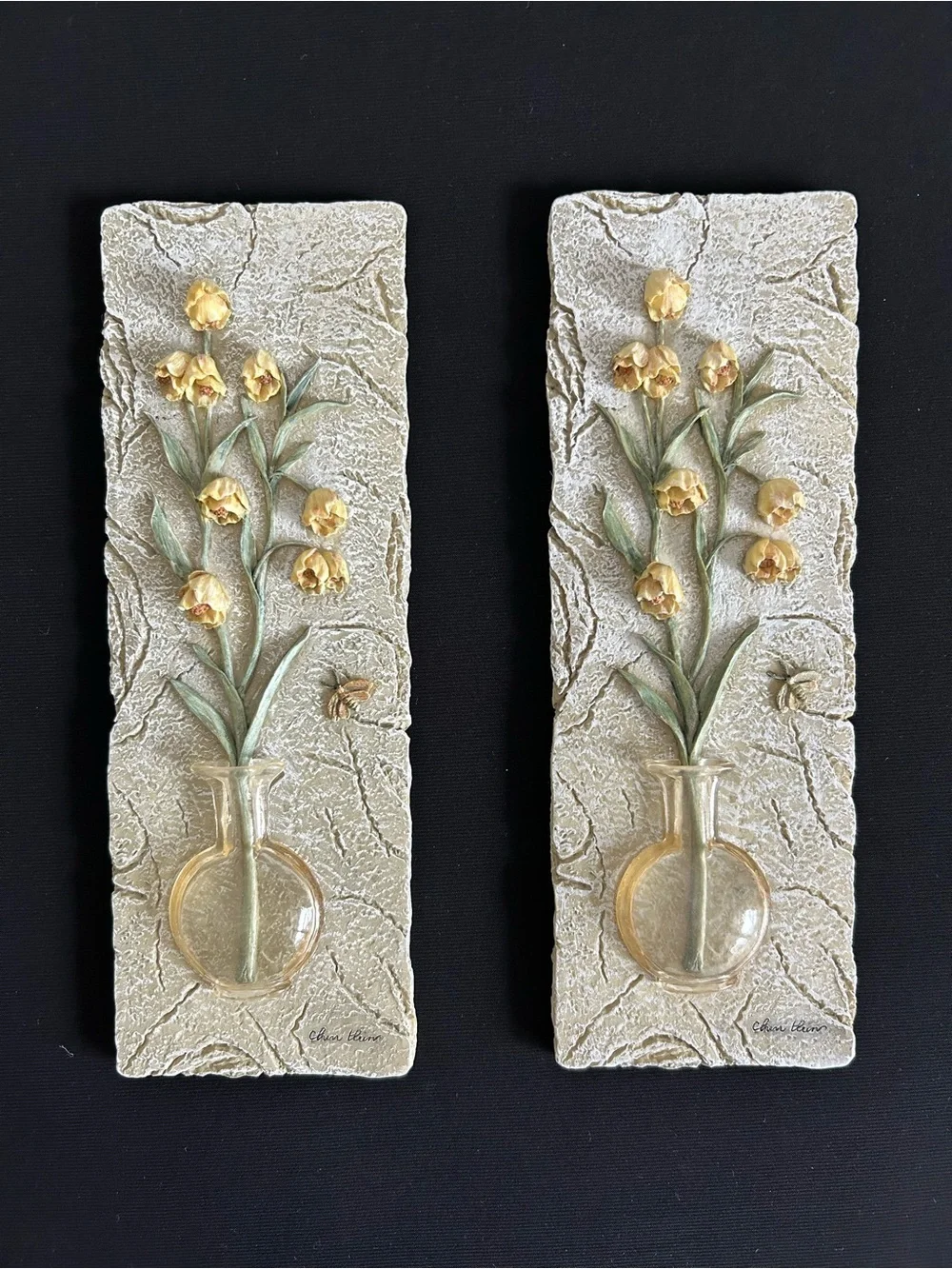 Vintage Cheri Blum Flowers In Vase 3D Wall Art Plaques Set Of 2 Resin Floral
